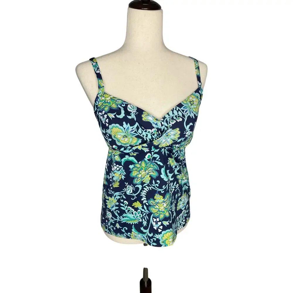 Lands' End blue white green floral tankini swimsuit top women's size 8
